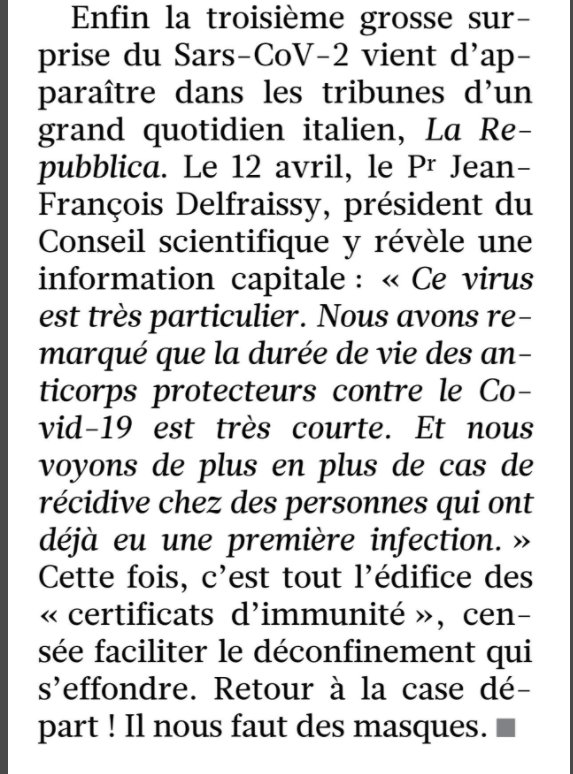 M Delfraissy a communiqué dans un journal italien des informations qui me semblent basées sur des articles peu documentés et des données non conformes a ce que l on connait des coronavirus 2/