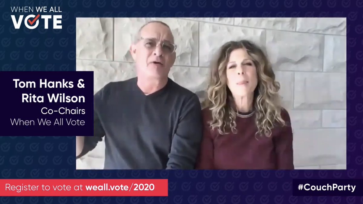 1/ HAS TOM HANKS FINALLY MADE AN APPEARANCE WITH RITA? • Is WoodY finally home?On “Couch Party 2.0” yesterday April 20th, both Tom and Rita came on with video to promote mail in balloting. Michelle Obama also joined earlier to say her piece.