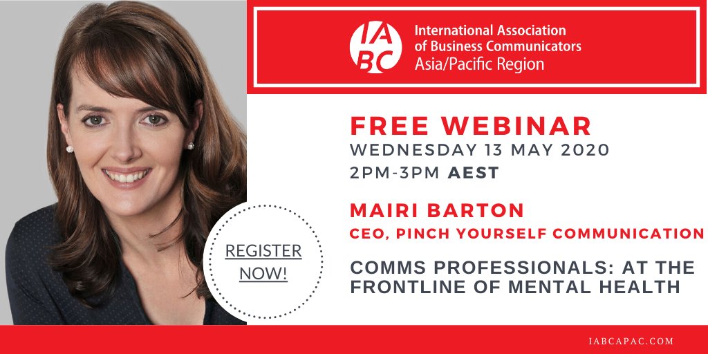 IABCAPAC's tweet photo. Our FREE #IABCAPAC #webinar in May looks at #mentalhealth &amp; role of #comms professionals. @mairibarton will explore this issue based on her Gold Quill Award-winning @AmbulanceVic case study. With COVID-19, this topic is more relevant than ever. Register https://t.co/NNqHrSsMwg https://t.co/UznCptd3lo