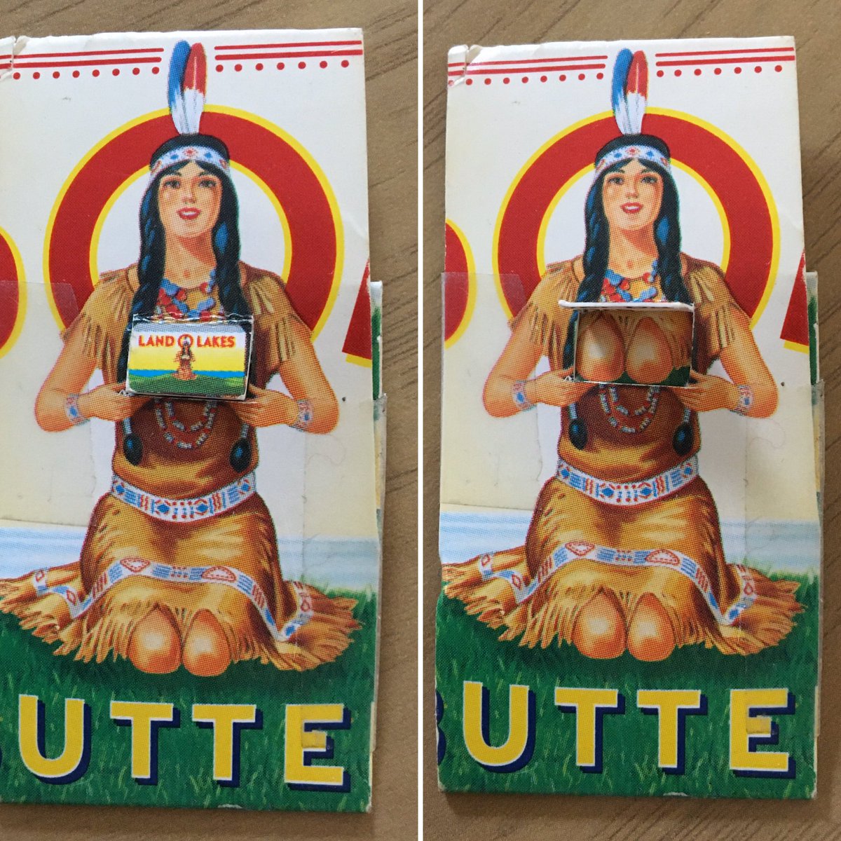 Third3Daughter's tweet photo. I just heard Land of Lakes is removing the American Native Maiden from their packaging! Thank goodness I saved this long before it happened!      Ever wonder what she’s been hiding behind the butter? https://t.co/kfKhnAY9Y4