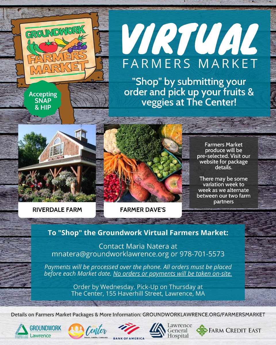 GndwkLawrence's tweet photo. Be sure to get your orders in by Wednesday to participate in pick-up on Thursday. The Virtual Farmers Market produce will be pre-selected. Visit https://t.co/4mBmcKmh6W for package options then contact Maria to put in your order!
#LawrenceMA #FreshFoodAccess https://t.co/FhbZa1tgX5