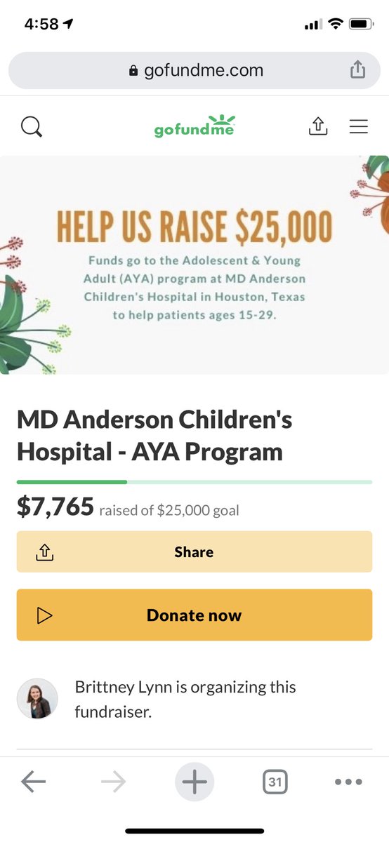 BrittneyLLynn's tweet photo. For everyone keeping up with my fundraiser for @MDAndersonNews Children’s Hospital, we’re almost at $8k!! Even just a few dollars helps out kids battling cancer right now, who are more isolated than most. RTs are welcome too ❤️ https://t.co/OFioPaD9C5 https://t.co/8I9QHwwAnc