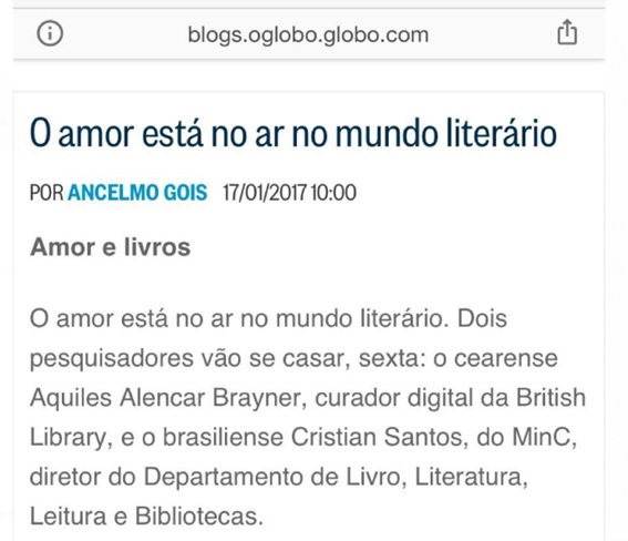 3) O Sr. Aquiles “NOMEADO POR REGINA DE TROIA”, fã de Gal e Caetano, é casado com o brasiliense CRISTIAN SANTOS. Curiosamente, o Sr. Cristian ocupou no passado o mesmo posto de seu cônjuge na gestão Dilma – Diretor do Dep. de Livro, Leitura, Literatura e Bibliotecas.