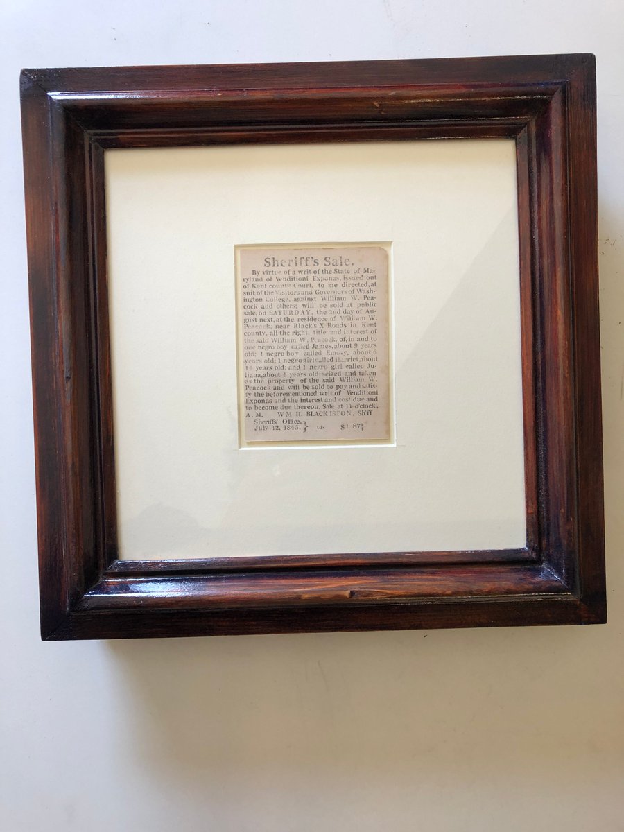 This small frame houses a recreated doc, found in the Maryland archive by historian Carol Wilson. This 1845 ad directly showing Washington College's financial link to enslavement. https://www.patreon.com/jason_patterson Heres my on going thread on this project.  https://twitter.com/jason_patterson/status/1100463765462679552?s=20