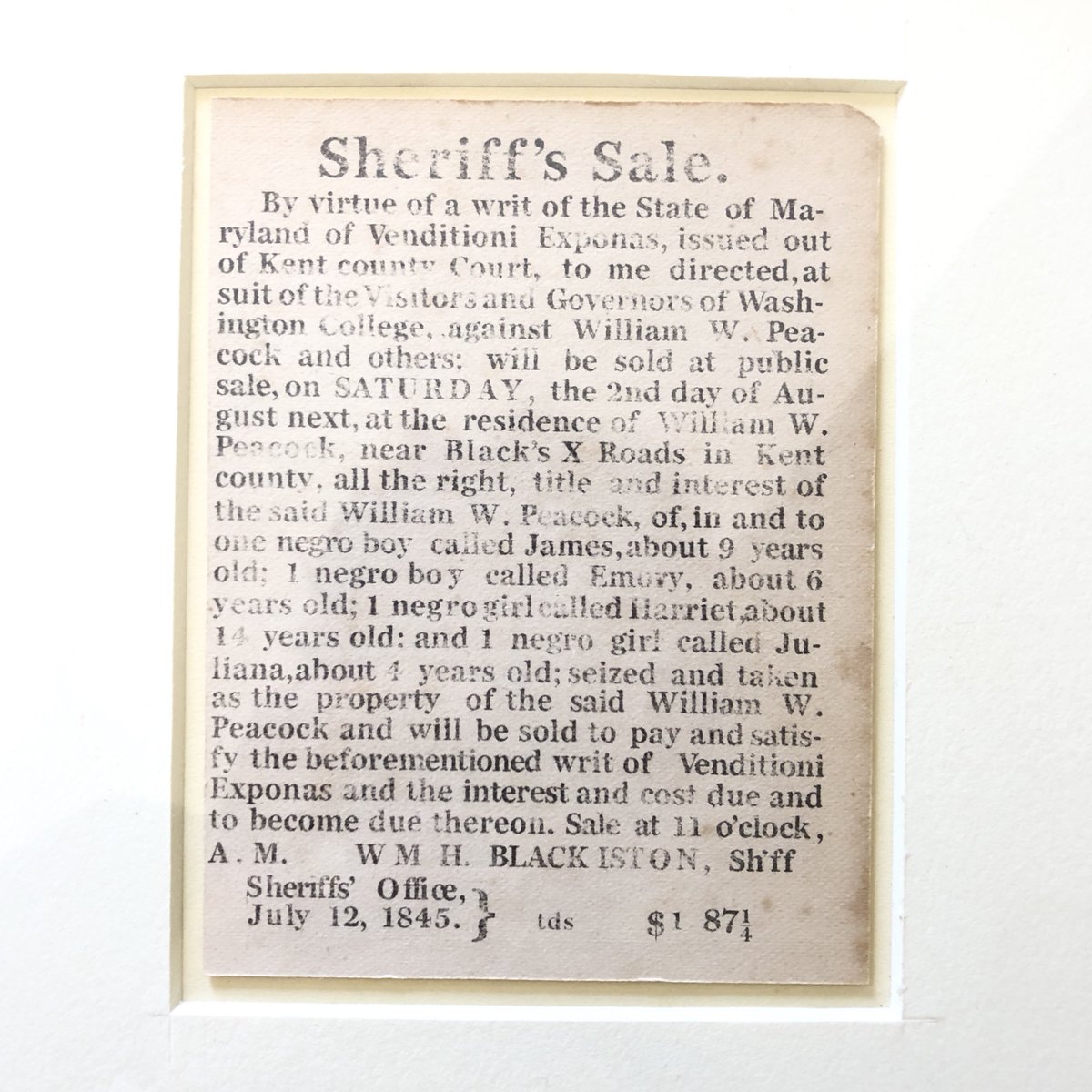 This small frame houses a recreated doc, found in the Maryland archive by historian Carol Wilson. This 1845 ad directly showing Washington College's financial link to enslavement. https://www.patreon.com/jason_patterson Heres my on going thread on this project.  https://twitter.com/jason_patterson/status/1100463765462679552?s=20