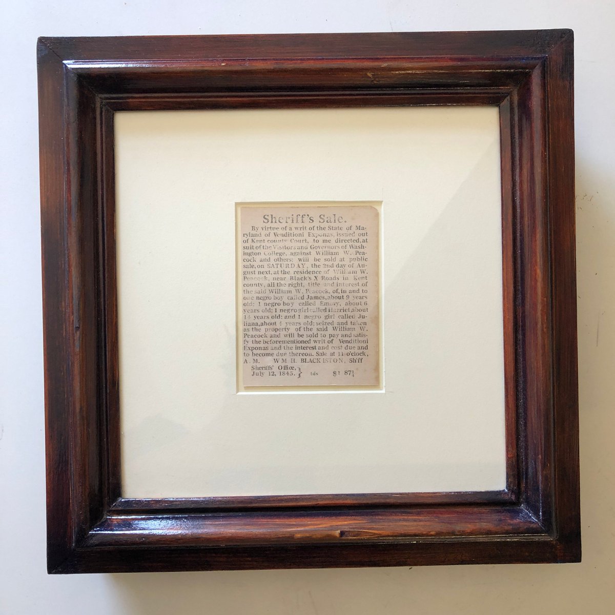 This small frame houses a recreated doc, found in the Maryland archive by historian Carol Wilson. This 1845 ad directly showing Washington College's financial link to enslavement. https://www.patreon.com/jason_patterson Heres my on going thread on this project.  https://twitter.com/jason_patterson/status/1100463765462679552?s=20