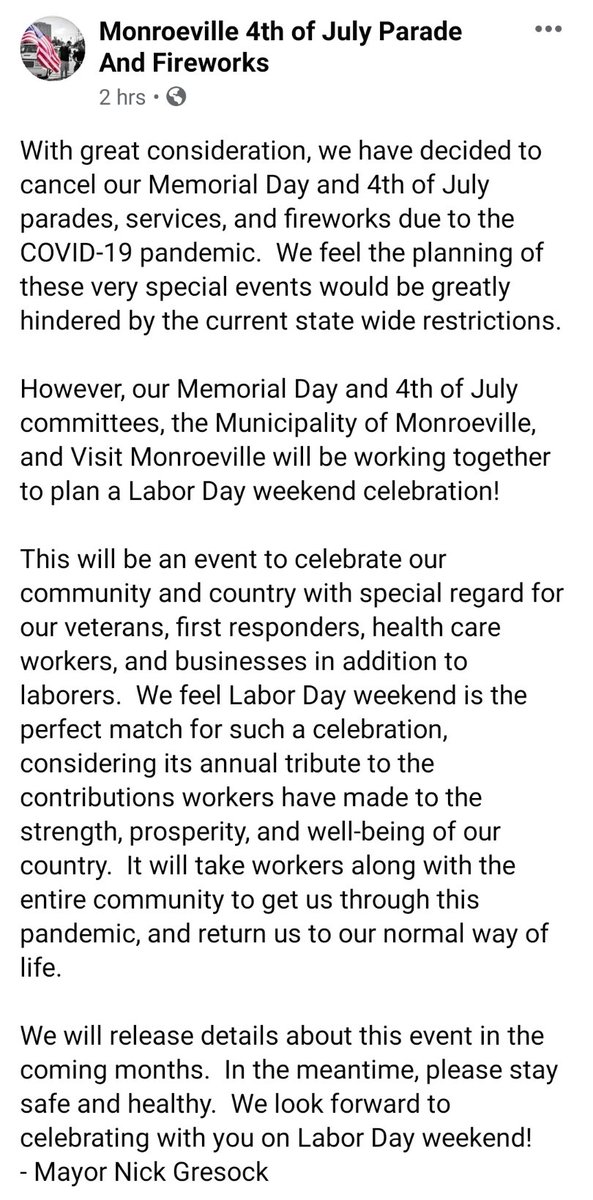 Important update for Memorial Day and Fourth of July. Looking forward to a Labor Day celebration!