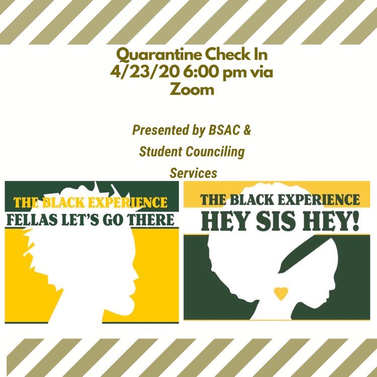 Catch up with other students and talk about what the black experience is like during COVID-19! Join us April 23 to chat about what our students have been experiencing. Conversation will be hosted via Zoom and can be accessed with the following Zoom id: 334-372-2229.