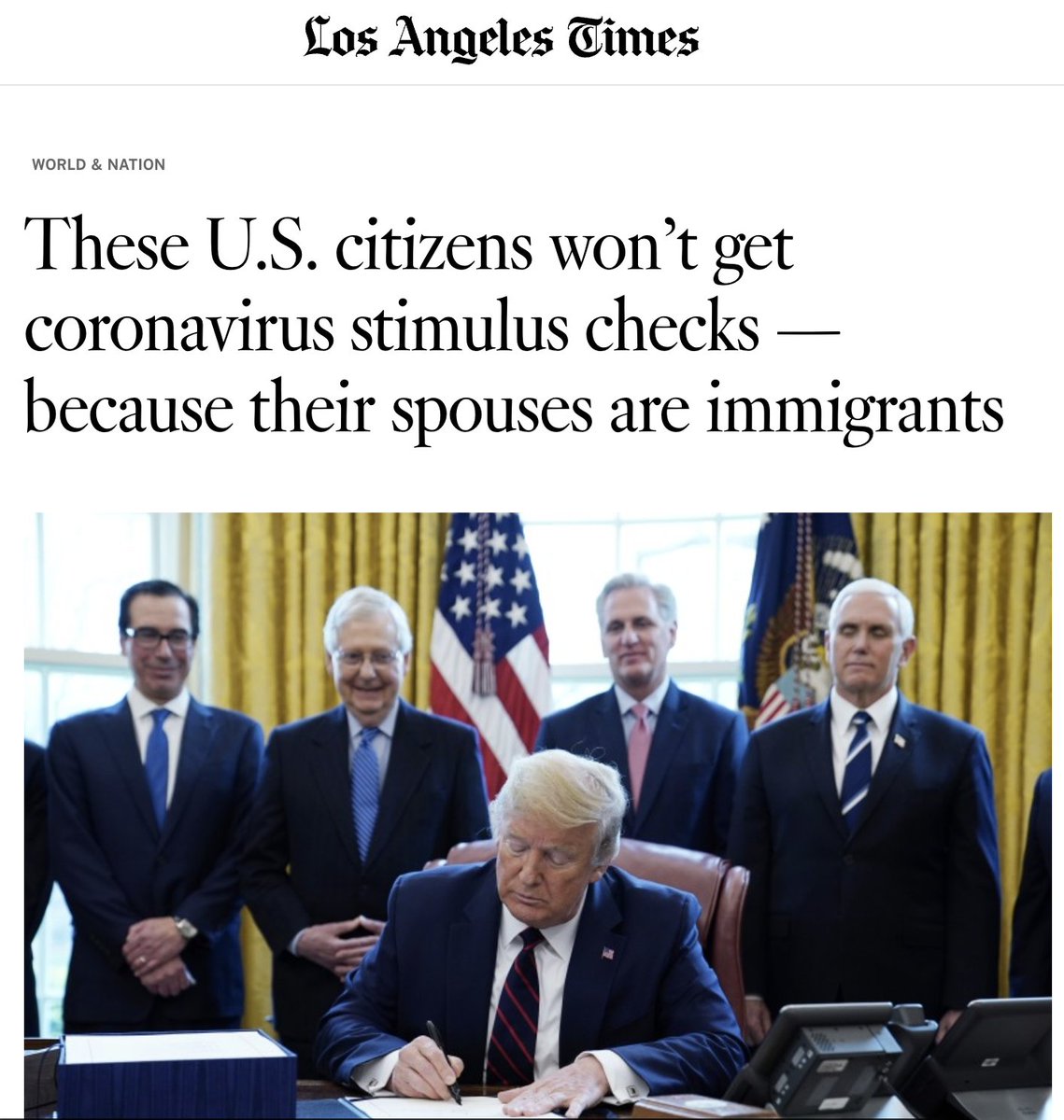 2) Trump's administration is preventing Americans from receiving aid if their spouses don't have a Social Security number. https://www.latimes.com/world-nation/story/2020-04-20/u-s-citizens-coronavirus-stimulus-checks-spouses-immigrants