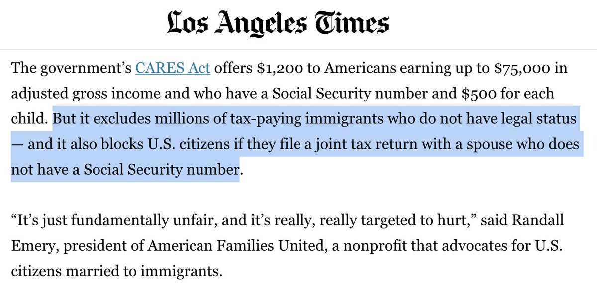 2) Trump's administration is preventing Americans from receiving aid if their spouses don't have a Social Security number. https://www.latimes.com/world-nation/story/2020-04-20/u-s-citizens-coronavirus-stimulus-checks-spouses-immigrants