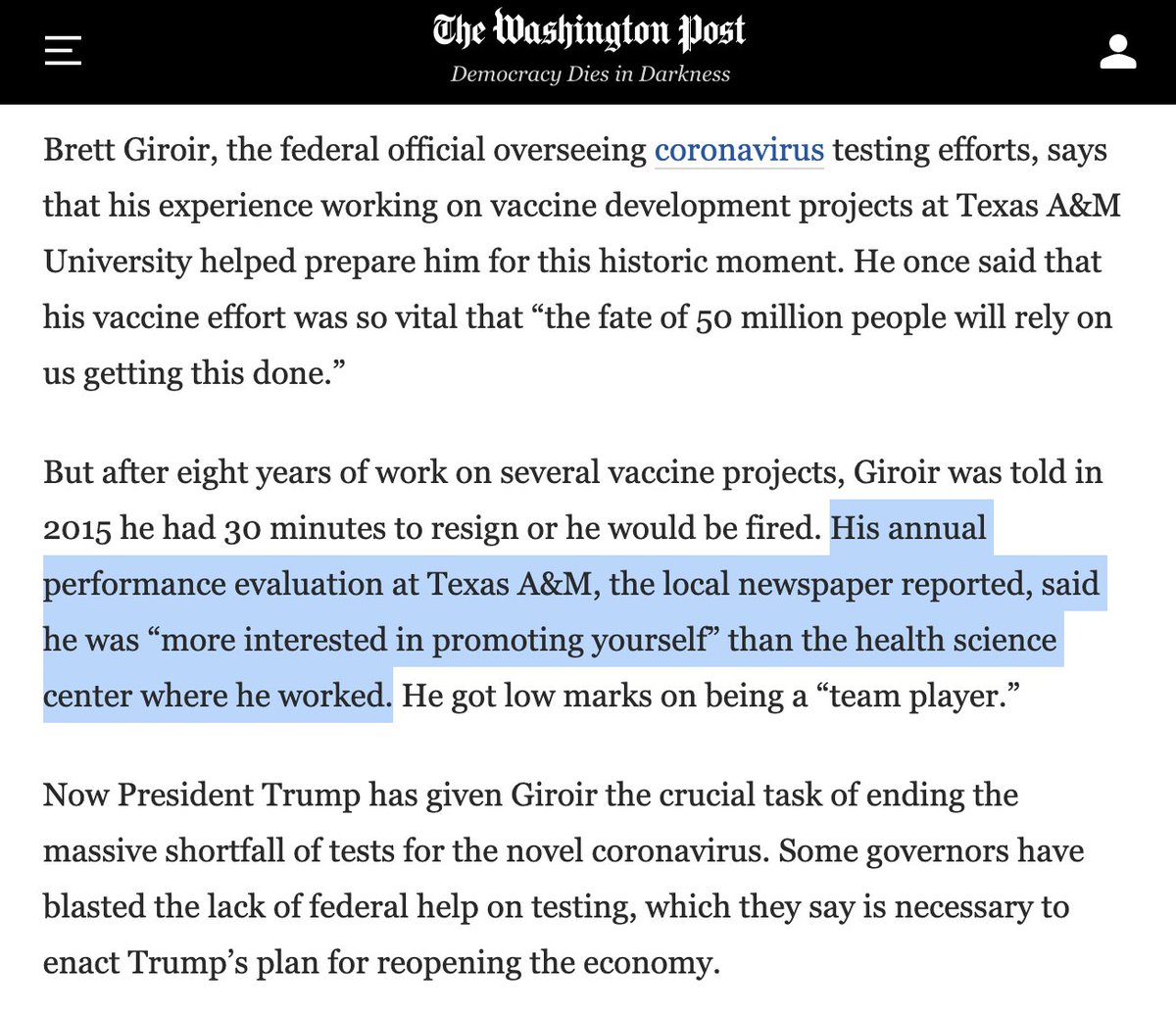 3) Trump's "testing czar" was pushed out of his last job because he focused more on self-promotion than getting the job done. https://www.washingtonpost.com/politics/brett-giroir-trumps-testing-czar-was-forced-out-of-a-job-developing-vaccine-projects-now-hes-on-the-hot-seat/2020/04/19/b061b968-7e89-11ea-8de7-9fdff6d5d83e_story.html