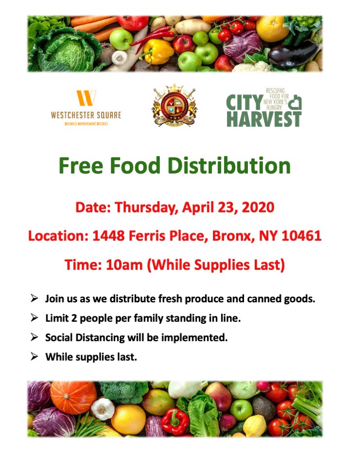 WSBID's tweet image. On Thursday, April 23 at 10AM, there will be Free Food distributed including fresh produce and canned foods (while supplies last). Limit 2 family members. Social distancing will be implemented. See attached flyer for details. @CityHarvest @DrMichaelFrith