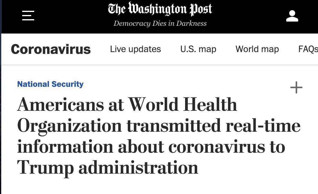 4) Trump tried to blame the World Health Org for his initial denial of the crisis, pretending the WHO "covered up" info that the virus was spreading. But Trump's administration had 17 staffers embedded in the WHO who relayed info in real time to the WH  https://www.washingtonpost.com/world/national-security/americans-at-world-health-organization-transmitted-real-time-information-about-coronavirus-to-trump-administration/2020/04/19/951c77fa-818c-11ea-9040-68981f488eed_story.html