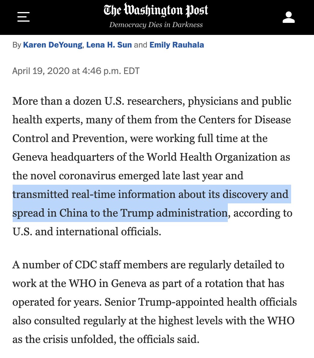 4) Trump tried to blame the World Health Org for his initial denial of the crisis, pretending the WHO "covered up" info that the virus was spreading. But Trump's administration had 17 staffers embedded in the WHO who relayed info in real time to the WH  https://www.washingtonpost.com/world/national-security/americans-at-world-health-organization-transmitted-real-time-information-about-coronavirus-to-trump-administration/2020/04/19/951c77fa-818c-11ea-9040-68981f488eed_story.html