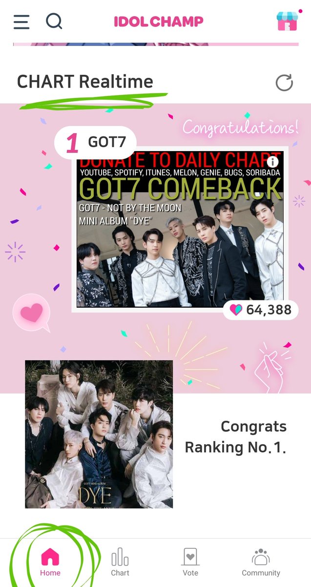 Now that you have registered your idol, you will see GOT7 in the Idol Champ homepage. Here u can see their rank in star giving events and CHART realtime. Hit the + icon to give chanism @got7official  #GOT7    #갓세븐  #IGOT7   #아가새  #나빠이더문   #GOT7_DYE_OUTNOW  #GOT7_NOTBYTHEMOON  
