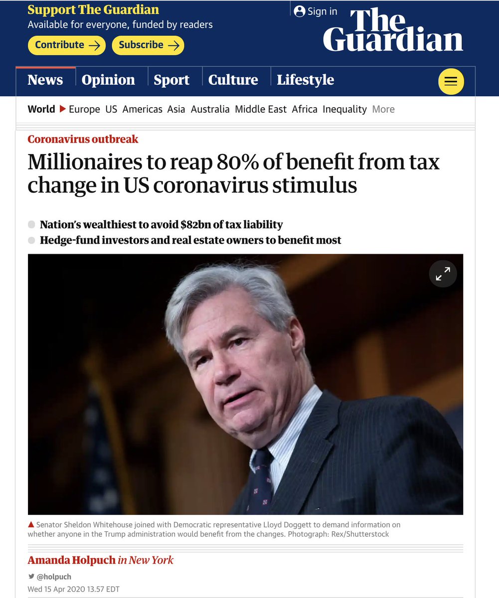 5) The coronavirus stimulus package Trump signed contains a massive tax giveaway for millionaires that was added by Senate Republicans https://www.theguardian.com/world/2020/apr/15/tax-change-coronavirus-stimulus-act-millionaires-billionaires