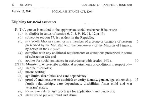 South African eligibility requirements for social assistance. https://www.sassa.gov.za/our-legislation/Documents/Social%20Assistance%20Act.pdf