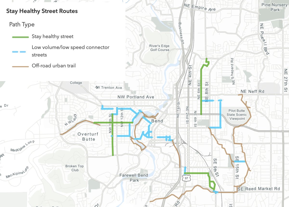 BikePortland's tweet photo. Bend launches 'Stay Healthy Streets' program in response to Covid-19  https://t.co/zXmvO0oFCs 

- Inspired by #OaklandSlowStreets 
- Took abt 2 wks from idea to implementation
- Rolling out in phases.
- City committed through May 31st

h/t  @AMendezBPRD https://t.co/TsZowS9DHD