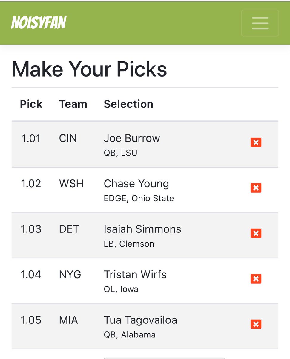 noisyfan's tweet photo. Check out our NFL Round 1 Draft Contest:

1️⃣ Sign up for contest at https://t.co/fUNCYwqBVf 🙋🏻‍♂️
2️⃣ Make predictions for each pick.🔮
3️⃣ If you get the most predictions correct, win an Amazon gift card 🎁

Must follow @noisyfan. See official rules. What does your #Top5 look like? https://t.co/sHwVP1qlxX