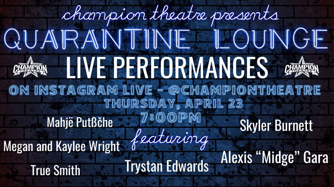 2 days until the quarantine lounge! Join us Thursday at 7:00pm for live performances by some of our talented students! #championtheatre #quarantine #showcase #fearlesstheatre  <a href="/BoerneFineArts/">BoerneFineArts</a> <a href="/BoerneISD/">Boerne ISD</a>
