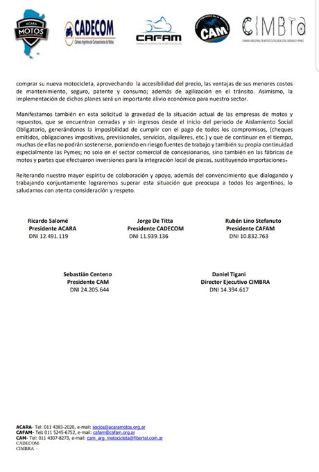 Volvimos a unir esfuerzos junto a <a href="/acaramotos/">acaramotos</a>, <a href="/CIMBRA_OK/">CIMBRA</a> ,#CAFAM y @CAM para escribirle al presidente <a href="/alferdez/">Alberto Fernández</a> para solicitar que intervenga por nuestro sector, el cual da trabajo a miles de familias.