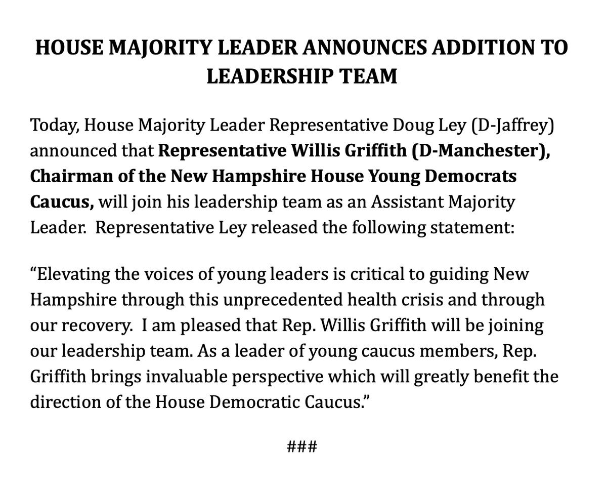 NHHouseDVCC's tweet photo. RELEASE: House Majority Leader Announces Addition to Leadership Team

"As a leader of young caucus members, Rep.  @WillisTGriffith brings invaluable perspective which will greatly benefit the direction of the House Democratic Caucus.” -@ley_doug 

#nhpolitics https://t.co/cvoXI65sxi
