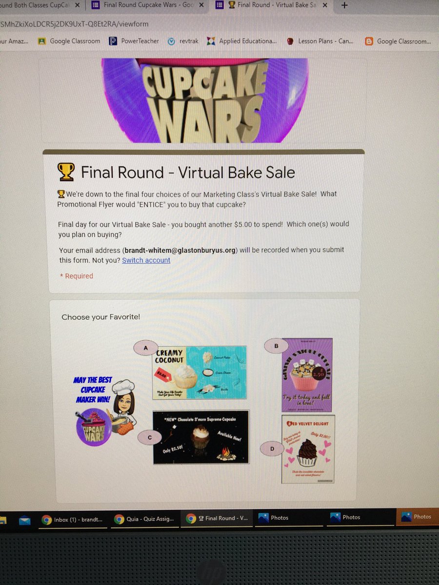 teachmbw's tweet image. Down to the Final Four Cupcakes for our #virtualbakesale...If only we were in school to sample! #marketing #pricingpromotionproject #busedu