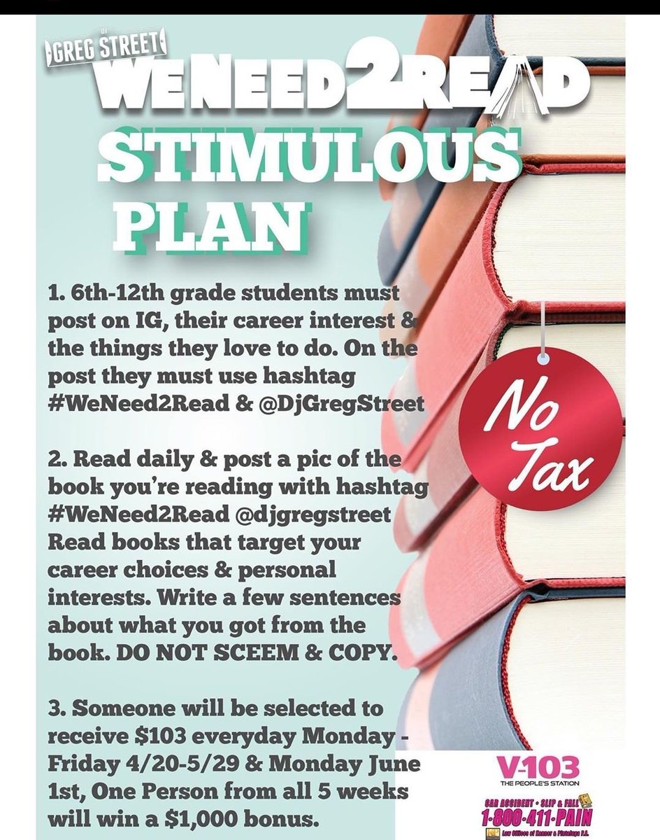#WeNeed2Read #StimulusPlan 4/20-5/29 Metro Atlanta Students Grades 6th-12th. Make A Post Of Your Career Interest &amp; Personal Interest Are 911.  Use #WeNeed2Read &amp; <a href="/DjGregStreet/">djgregstreet</a> Read About The Topics You Listed Daily, One Person Gets $103 Everyday Monday-Friday