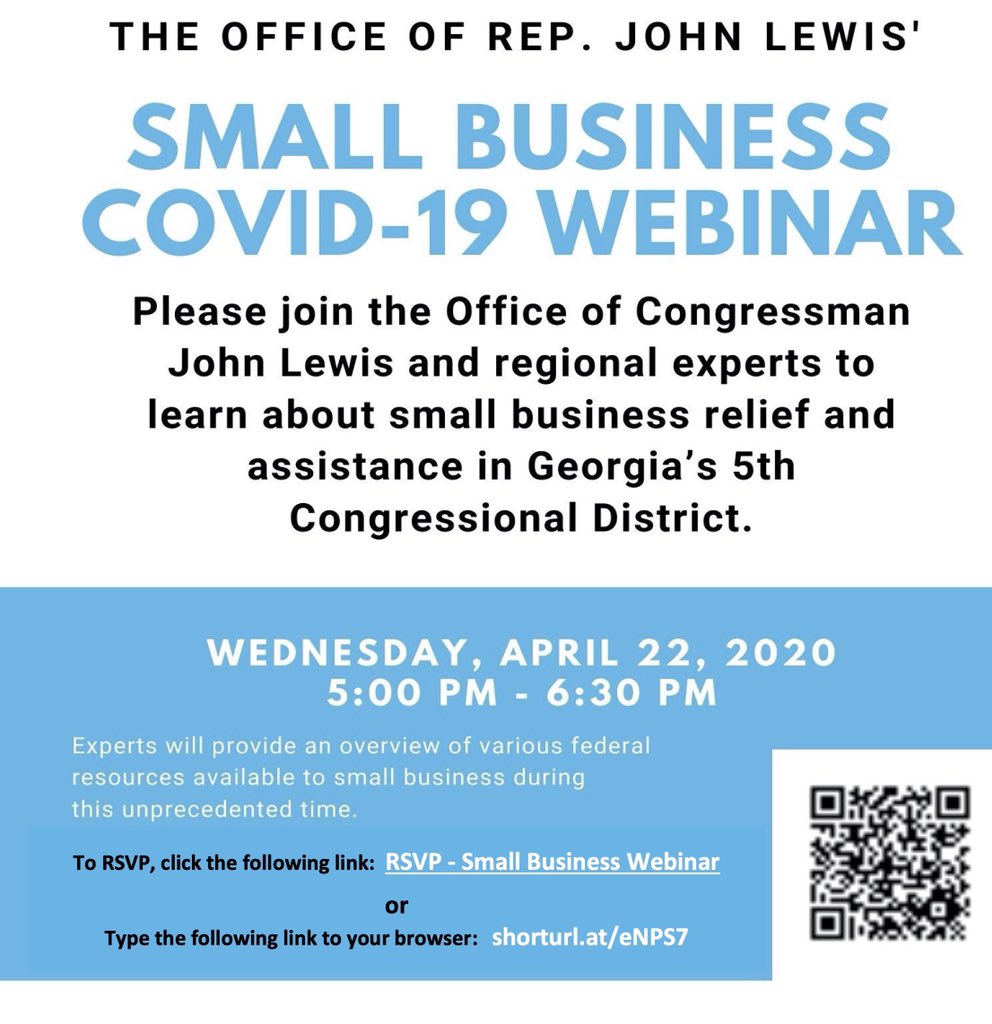 Please join members of my staff and regional experts for a Small Business COVID-19 Webinar to learn about small business relief and assistance in Georgia's 5th Congressional District on Wednesday, April 22 at 5pm.