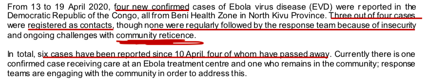 1.  #Ebola thread: The situation in DRC looks quite dangerous. Just days before the 20-month long North Kivu outbreak was to be declared over, a new case was diagnosed. Now the count is up to 6. Four are dead. One escaped care & is in the community, ie infecting others.