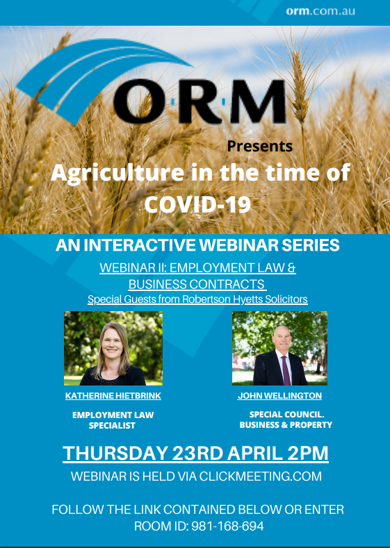 Join us tomorrow afternoon for our second interactive webinar discussing employment law and business contracts in the time of COVID-19. Click on this link to register for the webinar bit.ly/34UXYYW #AusAg #COVID19 #BusinessAg
