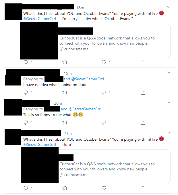 So my stalker is apparently trying a new method to harass me after I've blocked a couple dozens of his accounts.Spamming identical messages including my @ at uh... literally any random person with a CuriousCat account?