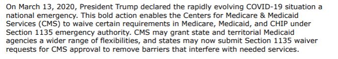Example 2—March 19—CMS again cites President Trump’s “bold action” in declaring a national emergency.
