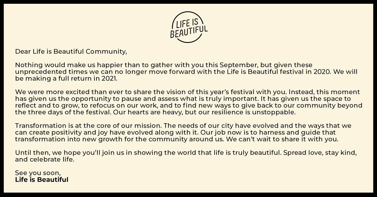 lifeisbeautiful's tweet photo. Life is Beautiful because of you. Thank you for your continued love and support. We’ll dance in the streets again soon. https://t.co/8VQJd4pgTb