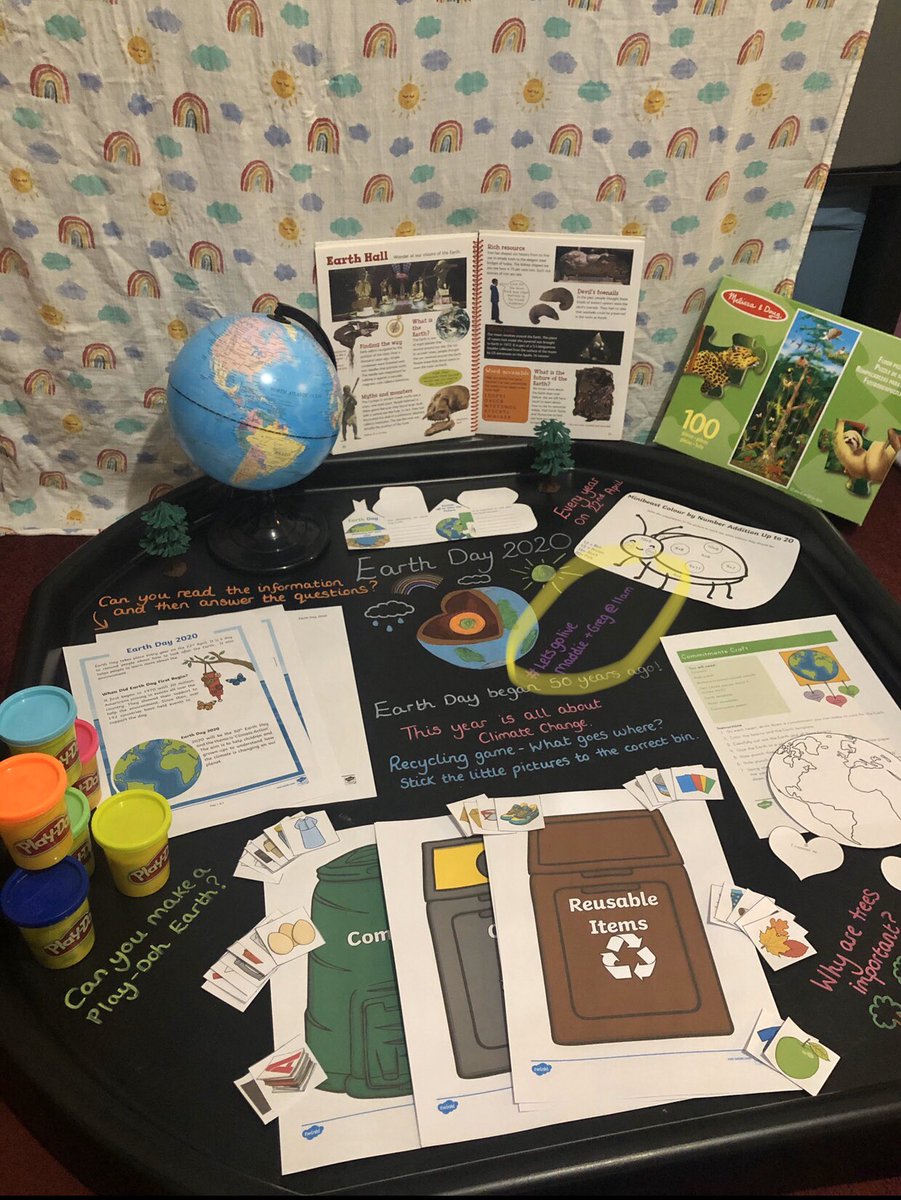 SophiaGilbert's tweet photo. Ready for #EarthDay2020
Lots planned: Play Doh Earth making, colouring, a recycling game &amp; of course @maddiemoate &amp; @gregfoot’s #Letsgolive at 11am. The #ClimateChange theme will tie in fab with last wk’s tuff tray &amp; the @AttenboroughSir programme we watched 🌍❤️♻️ #homelearning https://t.co/j02BDZ4lb3