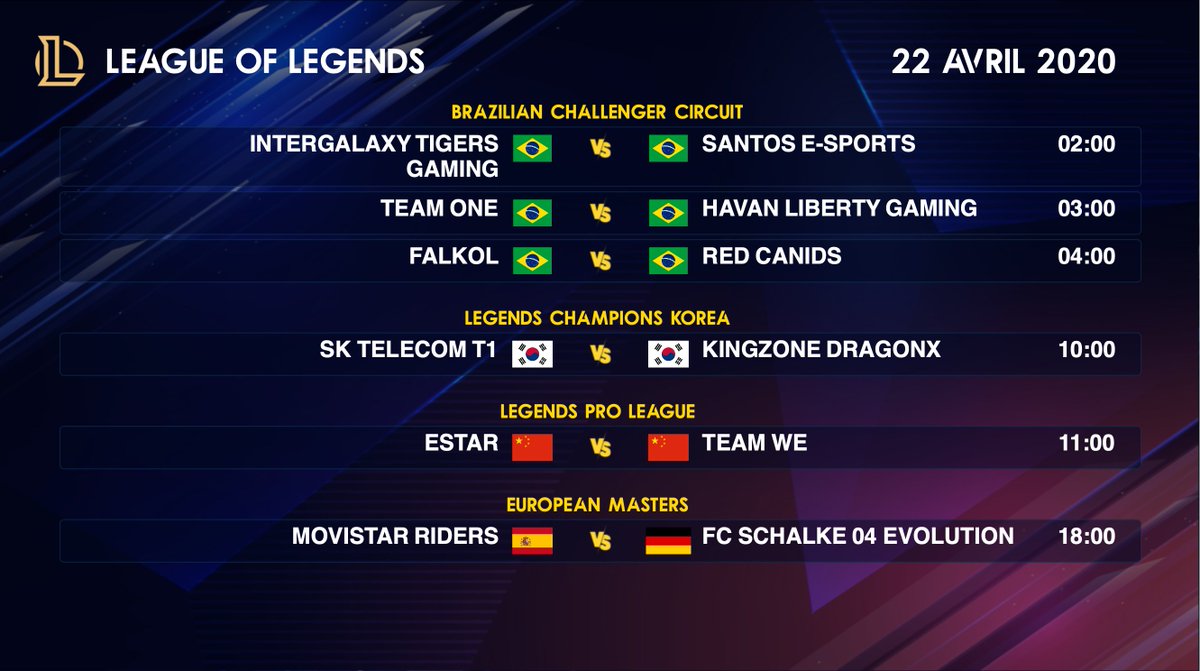 IMP_LOLegends's tweet photo. Programme League of Legends du 22 avril 2020 1/2👇 https://t.co/IufVbg9dYS