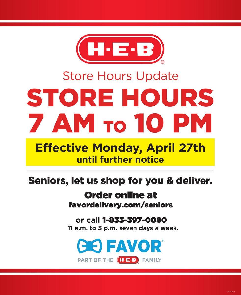 HEB's tweet image. EFFECTIVE MONDAY 4/27, our temporary store hours will be 7a-10p. Pharmacies will open 8a-8p M-F &amp;amp; follow their weekend hrs. H-E-B continues to focus on strong health &amp;amp; safety protocols in our stores, including sanitizing &amp;amp; social distancing. Together, we can #SlowtheSpreadTexas