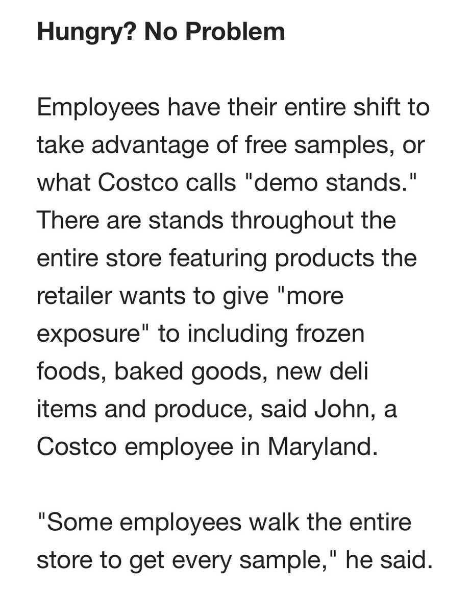 The story also mentions sample stands are a perk without noting that Costco has shuttered them all because of covid and that the third party company that operated the stands laid off 30,00 earlier this month:  https://www.buzzfeednews.com/article/briannasacks/costco-contractor-cds-free-samples