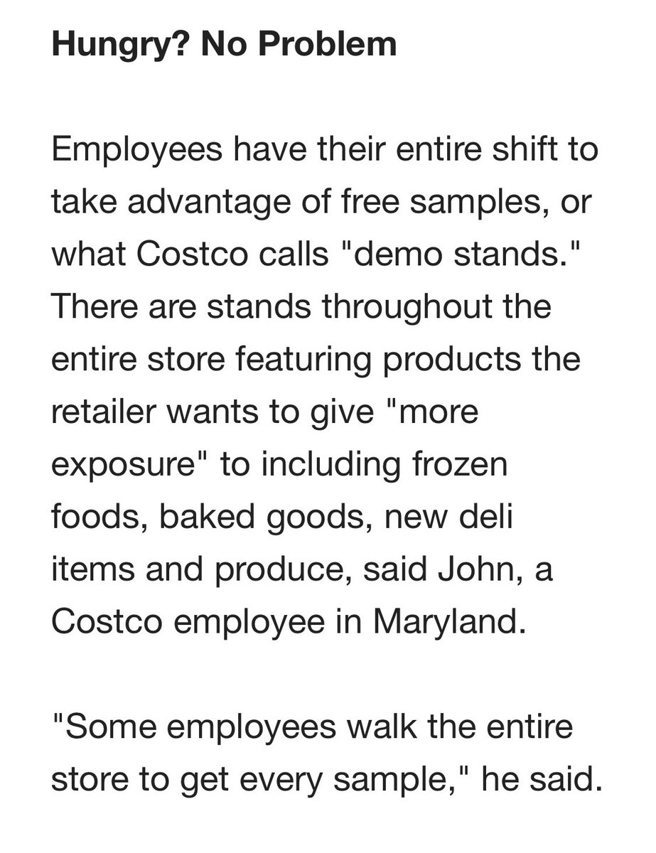 The story also mentions sample stands are a perk without noting that Costco has shuttered them all because of covid and that the third party company that operated the stands laid off 30,00 earlier this month:  https://www.buzzfeednews.com/article/b...