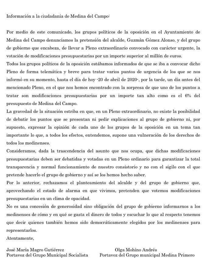 Comunicado conjunto de TODOS los grupos de la oposición en #MedinadelCampo 
Nadie en tan poco tiempo consiguió unir a una oposición diversa 
#MedinaPrimero 13>8: El PP contra Medina