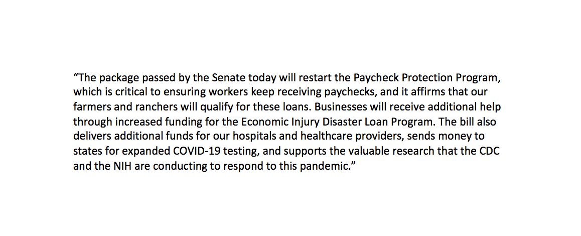 SenatorRomney's tweet photo. I applaud the Senate’s passage of additional funding for small businesses, their workers, and public health this afternoon. This package will restart the #PaycheckProtectionProgram and affirms that our farmers and ranchers will qualify for these loans. https://t.co/tUKGK3Ev4V