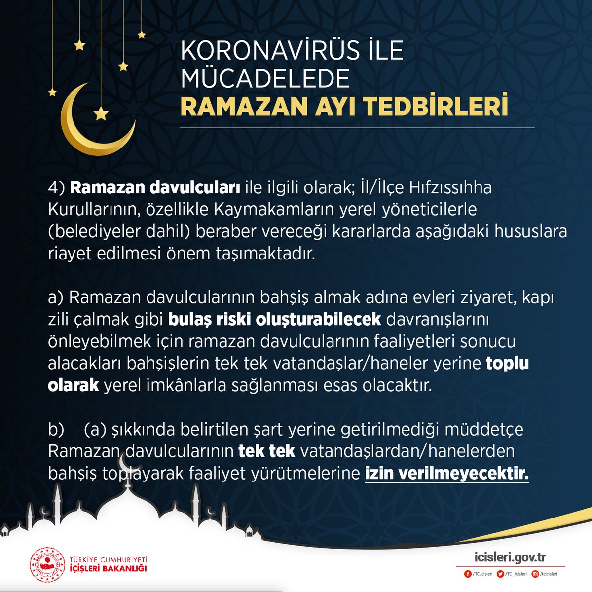 TC_icisleri's tweet photo. 81 İl Valiliğine Koronavirüs ile mücadele kapsamında Ramazan Ayı Tedbirleri Genelgesi gönderildi ⬇️

https://t.co/dURDbStl5A https://t.co/iwJUTZVF0k
