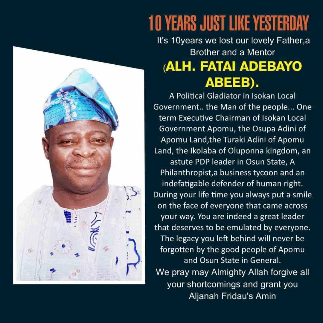 emeritus001's tweet photo. On the 22nd of April 2010 the whole of Apomu township mourn the demise of a great leader and an astute politician one of the best executive chairman Isokan local government has ever had... 
May Almighty Allah grant you Jannat-ul-fridaus.... https://t.co/VBIQkfOPHx