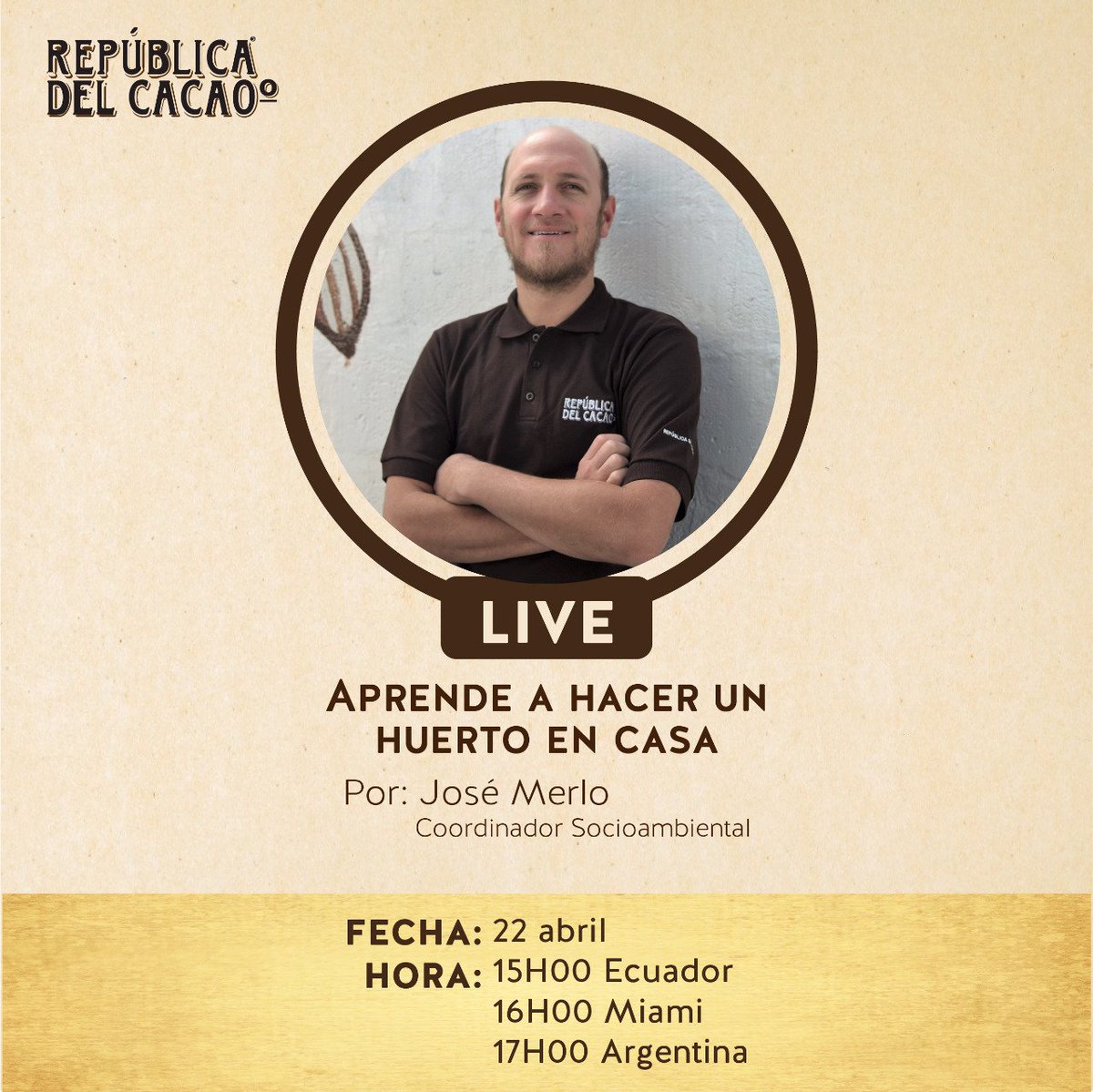¡Nos preparamos para el día de la Tierra! Aprende a hacer tu propio huerto en casa 🍃 junto a nuestro Coordinador Socioambiental José Merlo. 
📍IG Live republicadelcacao
📅 22 de Abril 
🕜 15H00 EC
<a href="/conquitouio/">ConQuito</a> <a href="/PactoGlobalEcua/">Pacto Global Ecuador</a> @RevistaEkos #ODS15