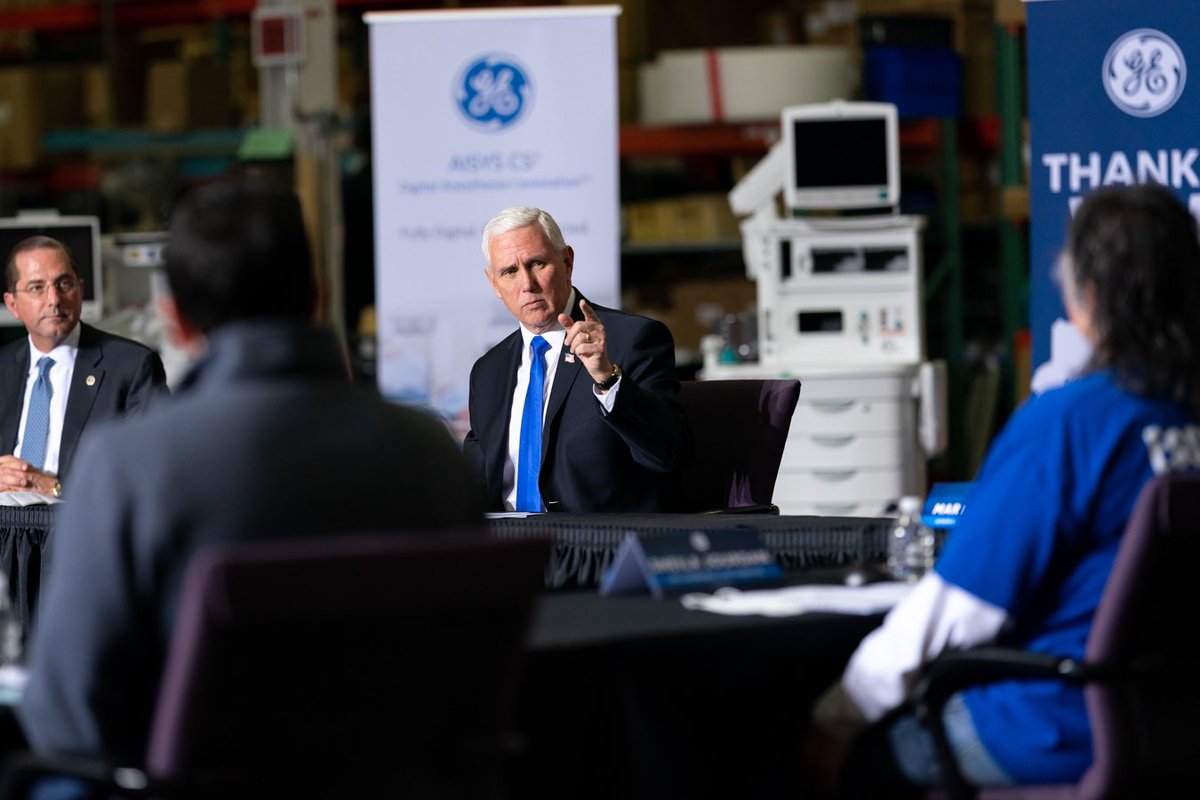 Mike_Pence's tweet photo. President @realDonaldTrump promised we would have 100,000 more ventilators in 100 days. I’m pleased to report, we’re going to have 110,000 new ventilators in 100 days. That’s all thanks to companies like @generalelectric who are working 24/7 to produce this critical machinery. https://t.co/D8vAdtpJ1N