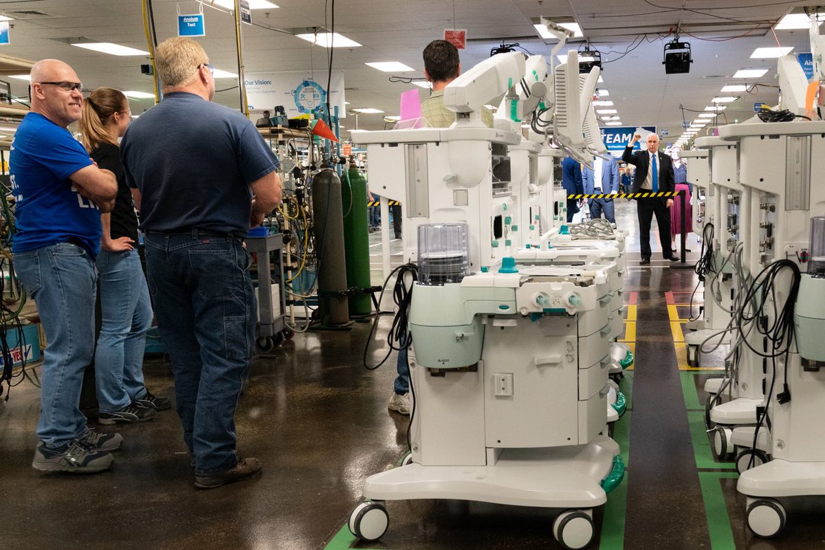 Mike_Pence's tweet photo. President @realDonaldTrump promised we would have 100,000 more ventilators in 100 days. I’m pleased to report, we’re going to have 110,000 new ventilators in 100 days. That’s all thanks to companies like @generalelectric who are working 24/7 to produce this critical machinery. https://t.co/D8vAdtpJ1N