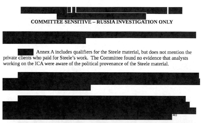 "Annex A includes qualifiers for the Steele material, but does not mention the private clients who paid for Steele's work. The Committee found no evidence that analysts working on the ICA were aware of the political provenance of the Steele material."