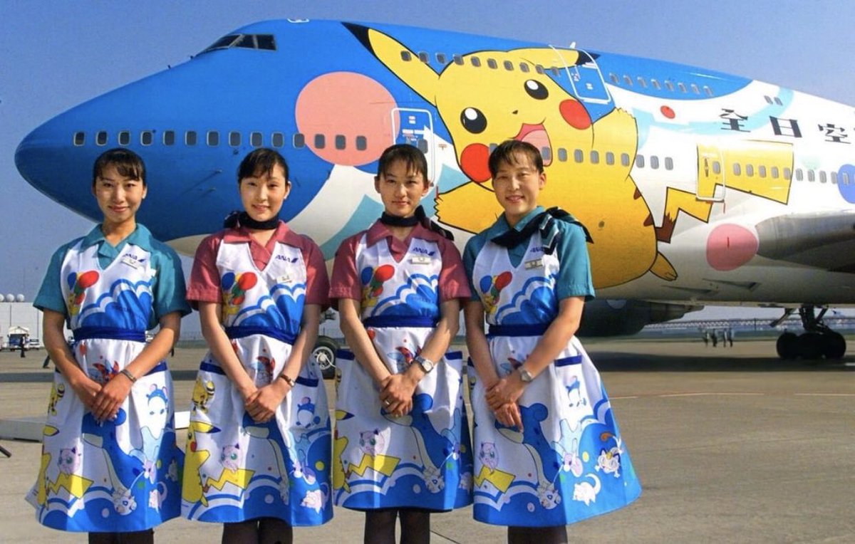 SemiconductorWv's tweet photo. 1999-JUN: Flight attendants of Japan's Nippon Airways (ANA) introduce its new Pokémon Jet, which begins its domestic operations 21st of June 1999 at Tokyo International Airport.

Photo by Toru Yamanaka https://t.co/O6hUjiMXnF