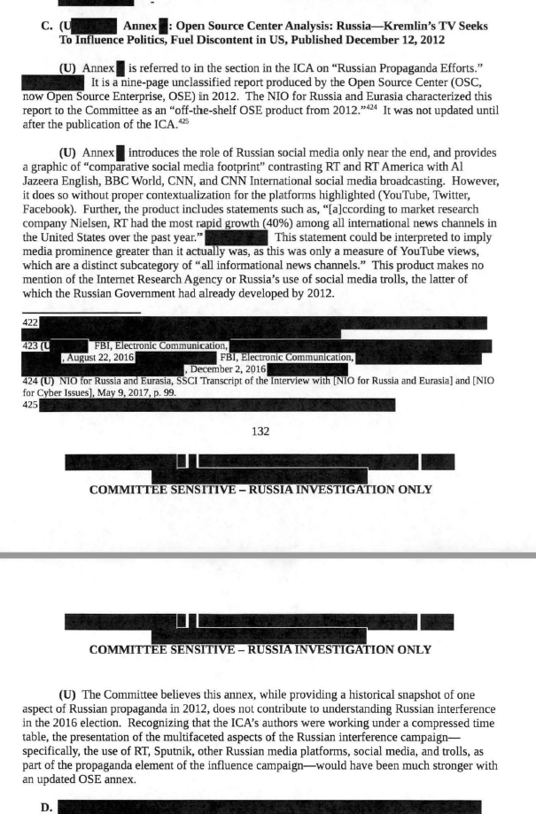 “[T]he presentation of the multifaceted aspects of the Russian interference campaign […] as part of the propaganda element of the influence campaign-would have been much stronger with an updated OSE annex."