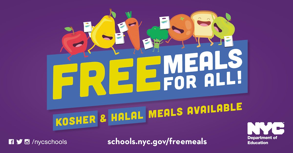 nycgov's tweet photo. Free meals are available for all New Yorkers, including kosher and halal meals! We will make sure everyone has what they need throughout this crisis and beyond. Go to https://t.co/4Aal5fjmZG to find a location near you. https://t.co/wT7vRON1Po